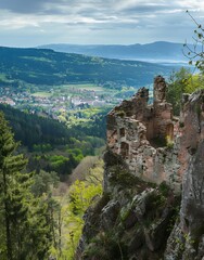 Sticker - Photo of the ruined castle atop Schalche mountain in R juste below Col noir, with Vosges Mountains visible behind and city of Metz on horizon, shot from top of cliff, spring day 