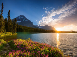 Wall Mural - landscape with sunset and river