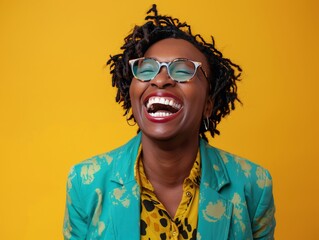 Joyful african american businesswoman celebrating 40th birthday in vibrant attire   studio portrait