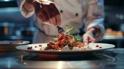 Wall Mural - Close-up of a chef's hands plating up a gourmet dish on a white porcelain plate with artistic food arrangement.