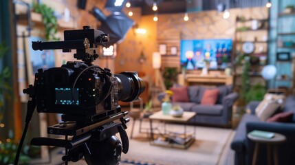 Poster - a professional camera is set up in a living room studio, aimed at a couch and a coffee table in the 