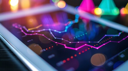 Aufkleber - Close-up of a line graph on a digital tablet screen, showing financial trends with colorful lines.