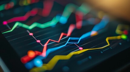 Wall Mural - Close-up of a line graph on a digital tablet screen, showing financial trends with colorful lines.