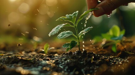 Aufkleber - Close-up of a person watering a small tree sapling, symbolizing efforts to combat deforestation and global warming.
