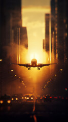 Wall Mural - Airplane Landing on City Street at Sunset