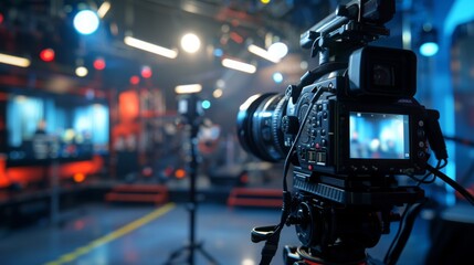 Wall Mural - A professional camera on a tripod is positioned in a TV studio. Lights are visible in the background, and a screen shows a blurry image of a person.