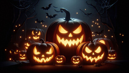 Sticker - Illustration of illuminated carved pumpkins with different evil faces in darkness at Halloween night