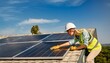 © Sain - Solar power engineer installing solar panels, on the roof, electrical technician at work, alternative renewable green energy generation concept