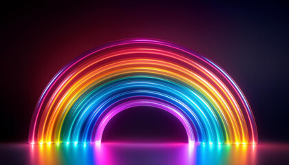 Aufkleber - Vivid neon rainbow shining on black backdrop. Colorful glowing arch. Modern design.