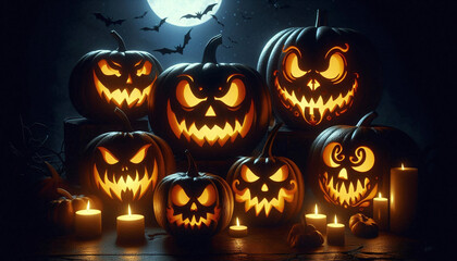 Sticker - Illustration of illuminated carved pumpkins with different evil faces in darkness at Halloween night