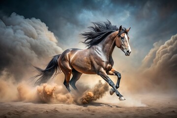 a majestic wild horse gallops forward with unbridled energy, kicking up a massive cloud of dust, sho