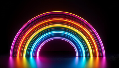 Aufkleber - Vivid neon rainbow shining on black backdrop. Colorful glowing arch. Modern design.