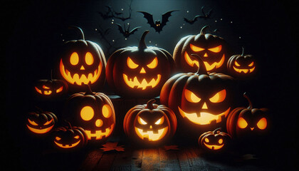 Sticker - Illustration of illuminated carved pumpkins with different evil faces in darkness at Halloween night