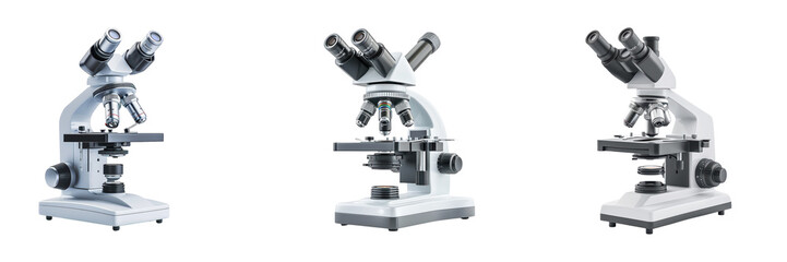 Set of three modern microscopes for laboratory use, featuring adjustable lenses and sleek design for precise scientific observation.