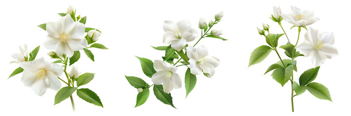 Elegant white flowers with lush green leaves, ideal for backgrounds, greeting cards or floral designs, conveying beauty and freshness.