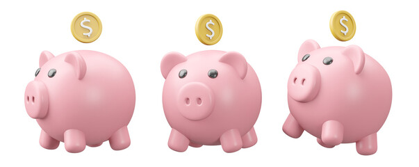 Wall Mural - 3D illustration of pink piggy bank icon set with dollar gold coins isolated on transparent background.