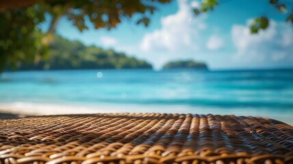 Poster - A wicker chair sits on a tropical beach with clear blue water and green islands in the distance.