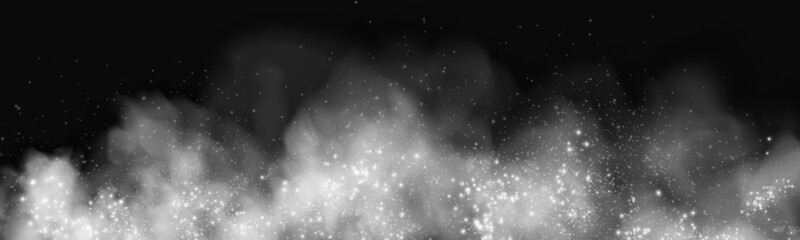 Wall Mural - Fantastic smoke background. Magic smoke with glitter and small particles of twinkling stars, fog with glowing particles, gray vapor with stardust. Vector illustration.	