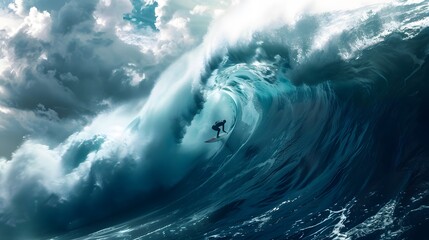 Wall Mural - surfing wave: a surfer catching a massive wave, body balanced on the board and water curling above.
