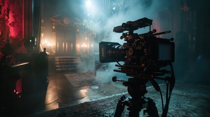 Poster - A film camera is set up on a tripod on a dark set. The camera is pointed towards a backdrop of a set with red and blue lighting, smoke, and candles.