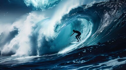 Wall Mural - surfing wave: a surfer catching a massive wave, body balanced on the board and water curling above.