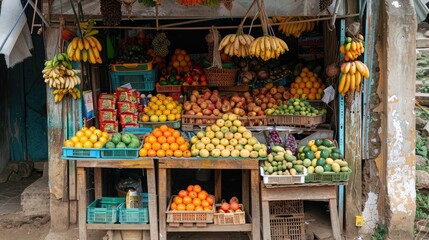 Wall Mural - A market stall with a colorful array of fresh fruits and vegetables.