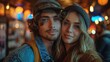 © IMPic - Portrait Of A Young Tourist Couple Standing Together On The City Street At Night, Enjoying The Vibrant Atmosphere