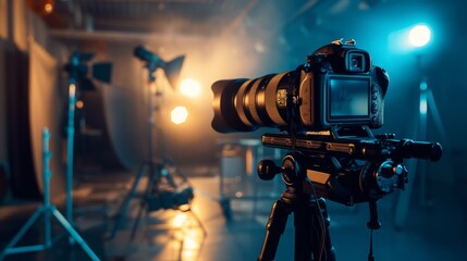 Poster - a professional camera is mounted on a tripod in a dimly lit studio, with lighting equipment visible 