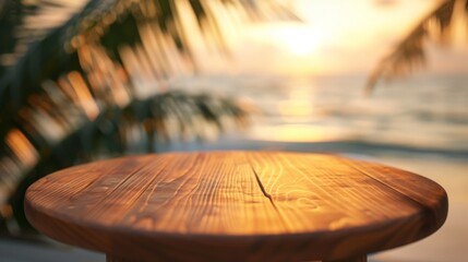 Poster - A wooden tabletop with a blurred background of a beach and sunset.