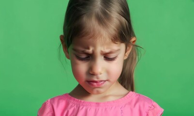 Sticker - Portrait of a little girl in a pink dress on a green background