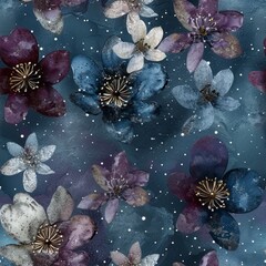 Wall Mural - Enchanting Midnight Floral Pattern with Sparkling Accents