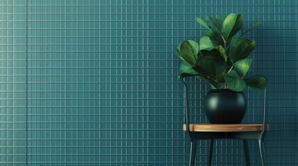 Green-leaved plant in black pot on wooden chair against blue grid wall