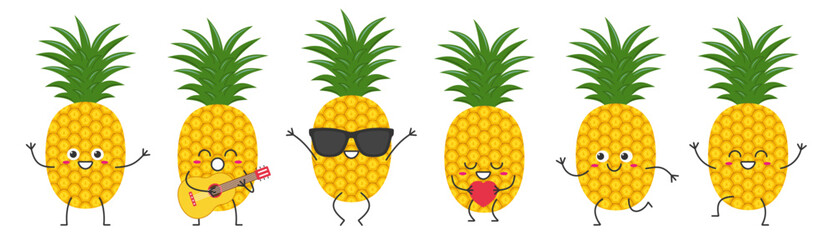 Poster - Pineapple fruit set character cartoon greeting jumping loves sings running cute funny smiling face happy joy emotions icon vector illustration.