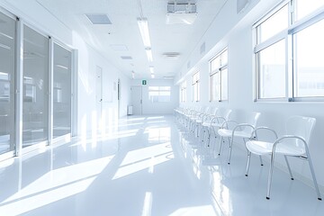 Wall Mural - - A white hospital interior, with a white floor and walls. Metal chairs in the waiting area, with windows on one side of the wall. 