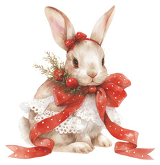 Sticker - PNG  Festive bunny with red bow