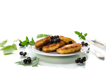 Poster - Fried curd cheese pancakes with black currants, isolated on white background