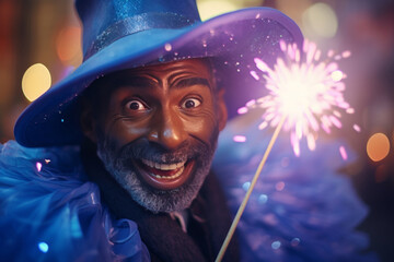 funny african american man in wizard costume using magic wand to produce sparkling magical effects