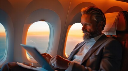 A business professional reviewing documents in a premium seat, balancing work and travel