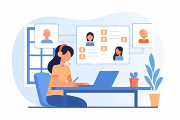 Poster - An employee at home in headphones sits at her desk talking on video call with colleagues, and the employee has a webcam conversation with colleagues from a diverse multiethnic group.