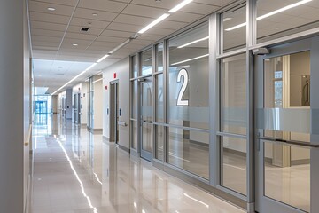 Wall Mural - A photo of the interior wall and glass doors leading to several patient rooms in an adult hospital. The modern design features the number 