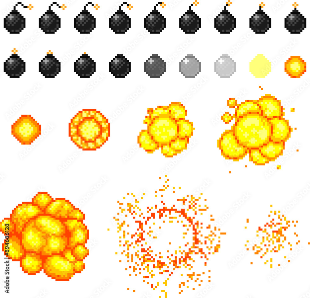 Eploding Design Pixel art set of bomb exploding frames. Vector 8-bit game design asset ...