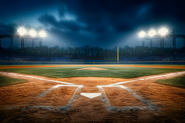 Poster - Space Copy Stadium Outdoor Field Baseball sport plate mound softball crowd fan spotlight illuminated game match arena grass dirt clay competition background turf league no people bright