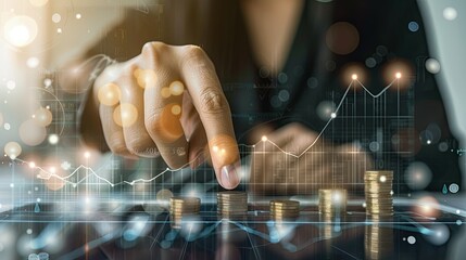 Poster - A hand of a businesswoman touching a virtual upward graph with coin stacks below, plain backdro