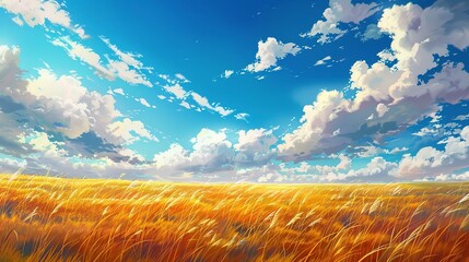 Sticker - a beautiful autumn inspired grass field with a lot of clouds on the sky, anime artwork