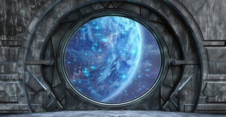 Poster - Background with green screen suitable on VR tracking system stage sets. Ideal for science TV shows, tech commercials, or futuristic events.