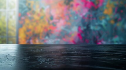 Aufkleber - A black table top with a blurry colorful background.