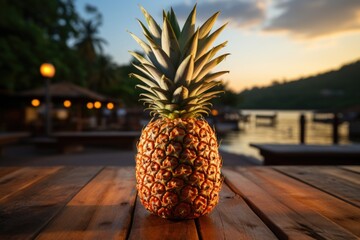 Mature pineapple on the wooden table in the tropical paradise generated by, generative IA