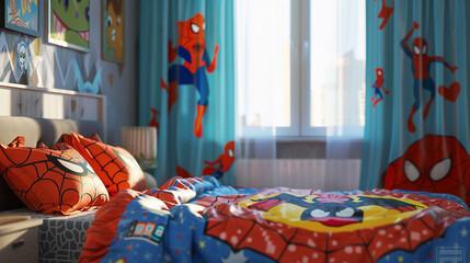 Child's bedroom decorated with colorful superhero-themed bedding and curtains, creating a playful and imaginative space.