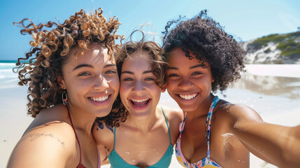 Three friends in swimsuits taking a selfie on a sunny beach, capturing a moment of fun and friendship with the ocean in the background.