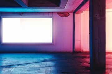 Sticker - 3D rendering of a blank blue digital screen wall on a concrete floor background.